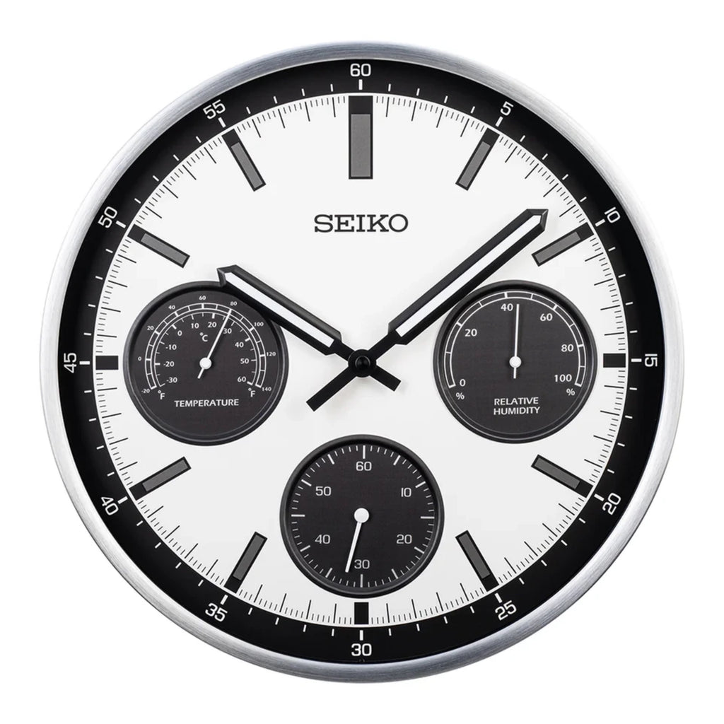 Seiko QXA823SLH "Shelby Watch Dial" Silver Heritage Design Luminous Metal Wall Clock with Thermometer, Hygrometer, & Seconds Dial