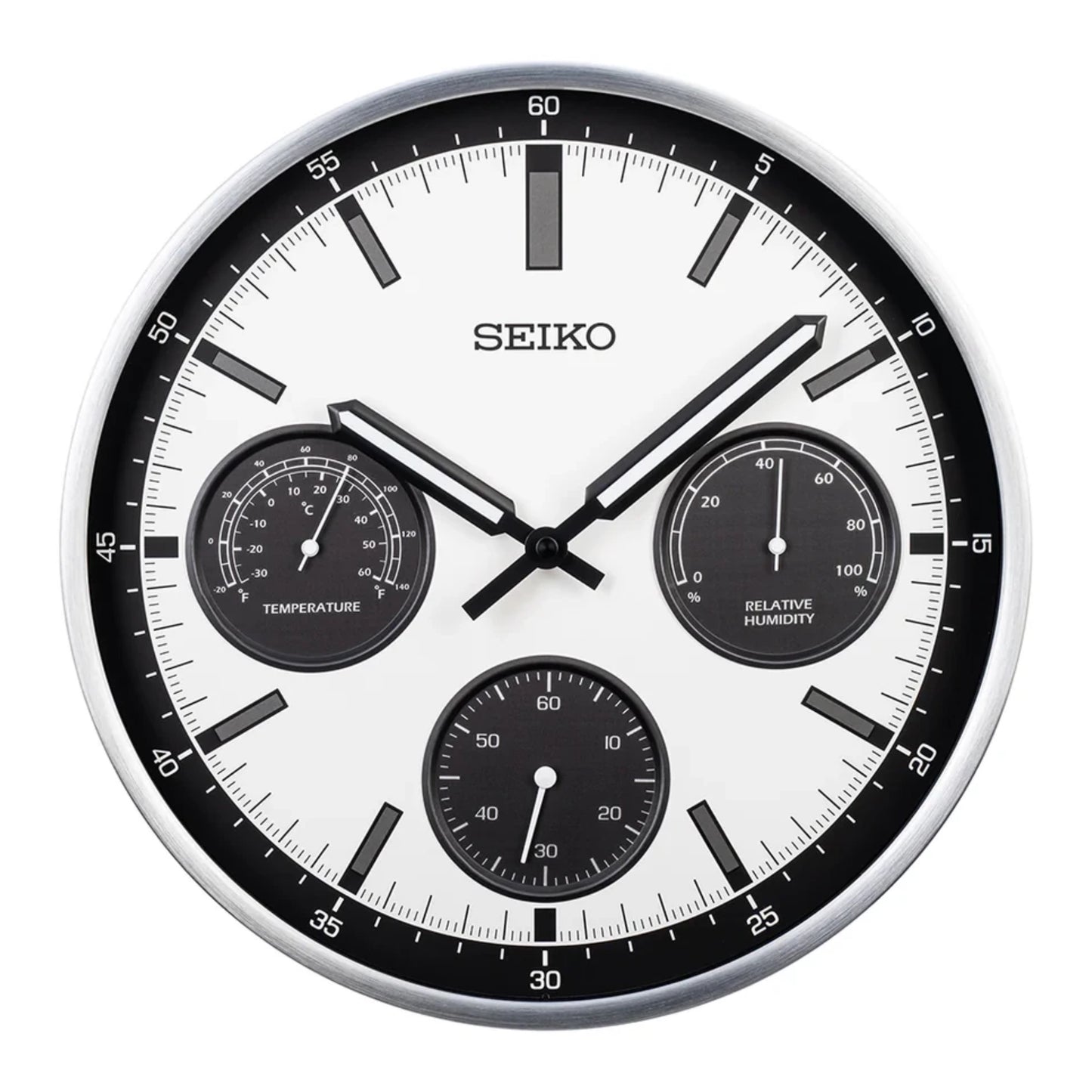 Seiko QXA823SLH "Shelby Watch Dial" Silver Heritage Design Luminous Metal Wall Clock with Thermometer, Hygrometer, & Seconds Dial