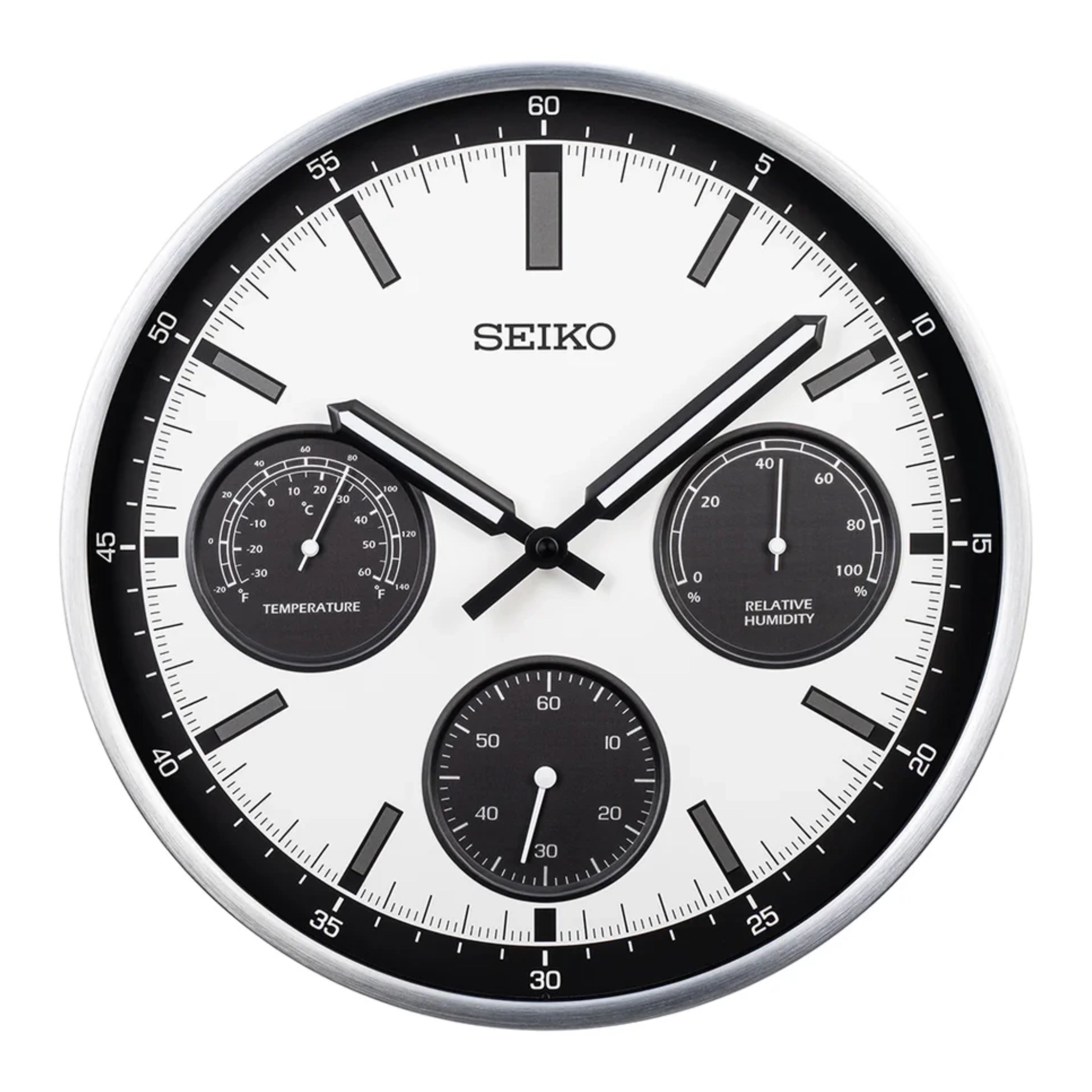 Seiko QXA823SLH "Shelby Watch Dial" Silver Heritage Design Luminous Metal Wall Clock with Thermometer, Hygrometer, & Seconds Dial