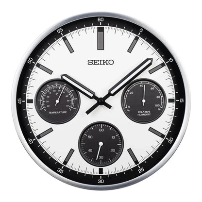 Seiko QXA823SLH "Shelby Watch Dial" Silver Heritage Design Luminous Metal Wall Clock with Thermometer, Hygrometer, & Seconds Dial