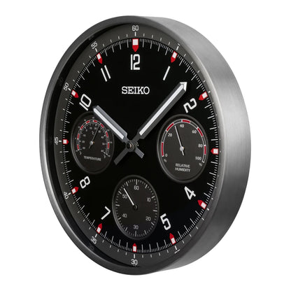 Seiko QXA823KLH "Shelby Watch Dial" Black Heritage Design Luminous Metal Wall Clock with Thermometer, Hygrometer, & Seconds Dial