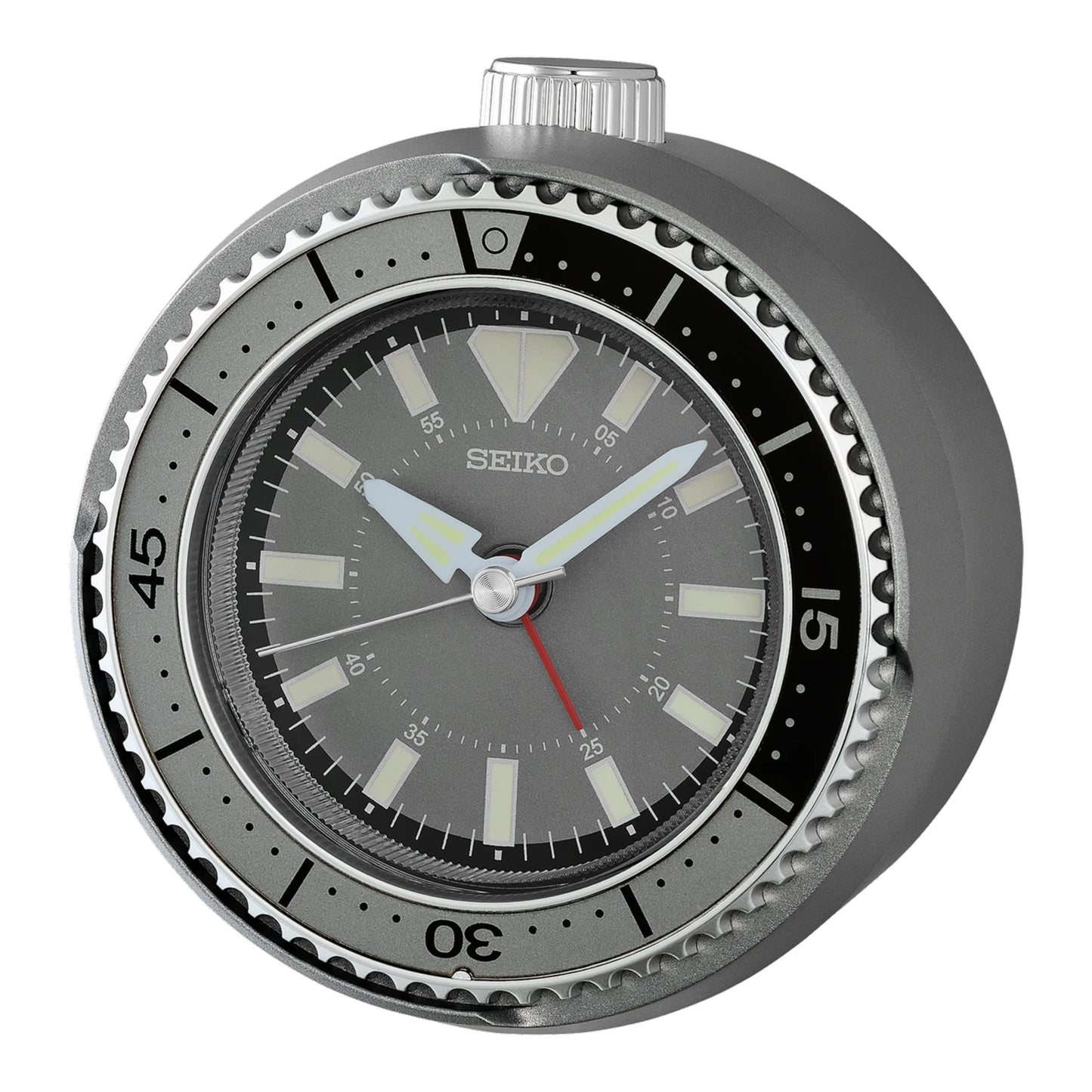 Seiko QHE207NLH "Mai Modern Watch Dial" Dark Silver Heritage Design Luminous Desk & Alarm Clock with Rotating Bezel