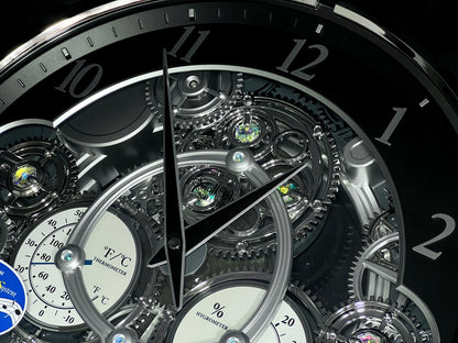 Rhythm “Chronograph (Black/Silver)” Skeletonized Dial Magic Motion Musical Wall Clock with Moving Gears - 4MH442WU08