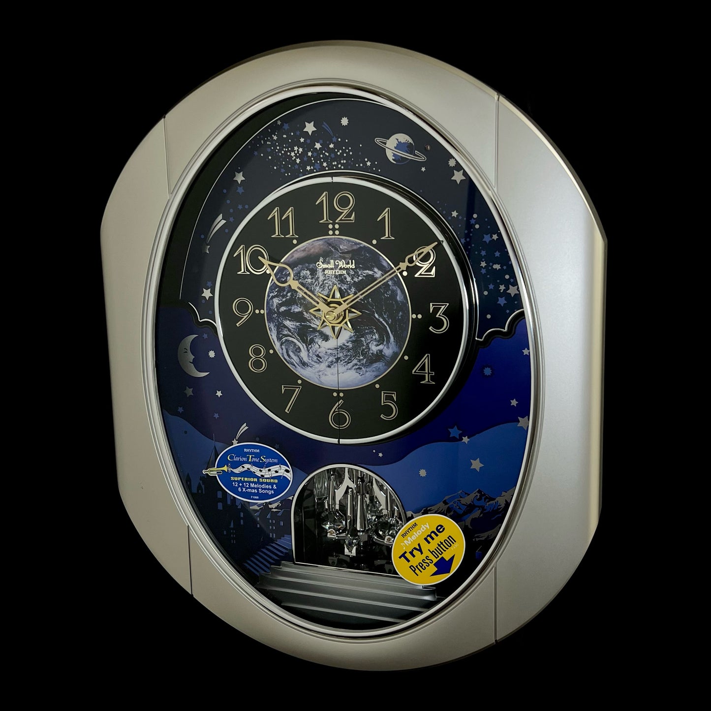Rhythm “Peaceful Cosmos II” Moving Earth Dial Magic Motion Musical Wall Clock - 4MH408WU19