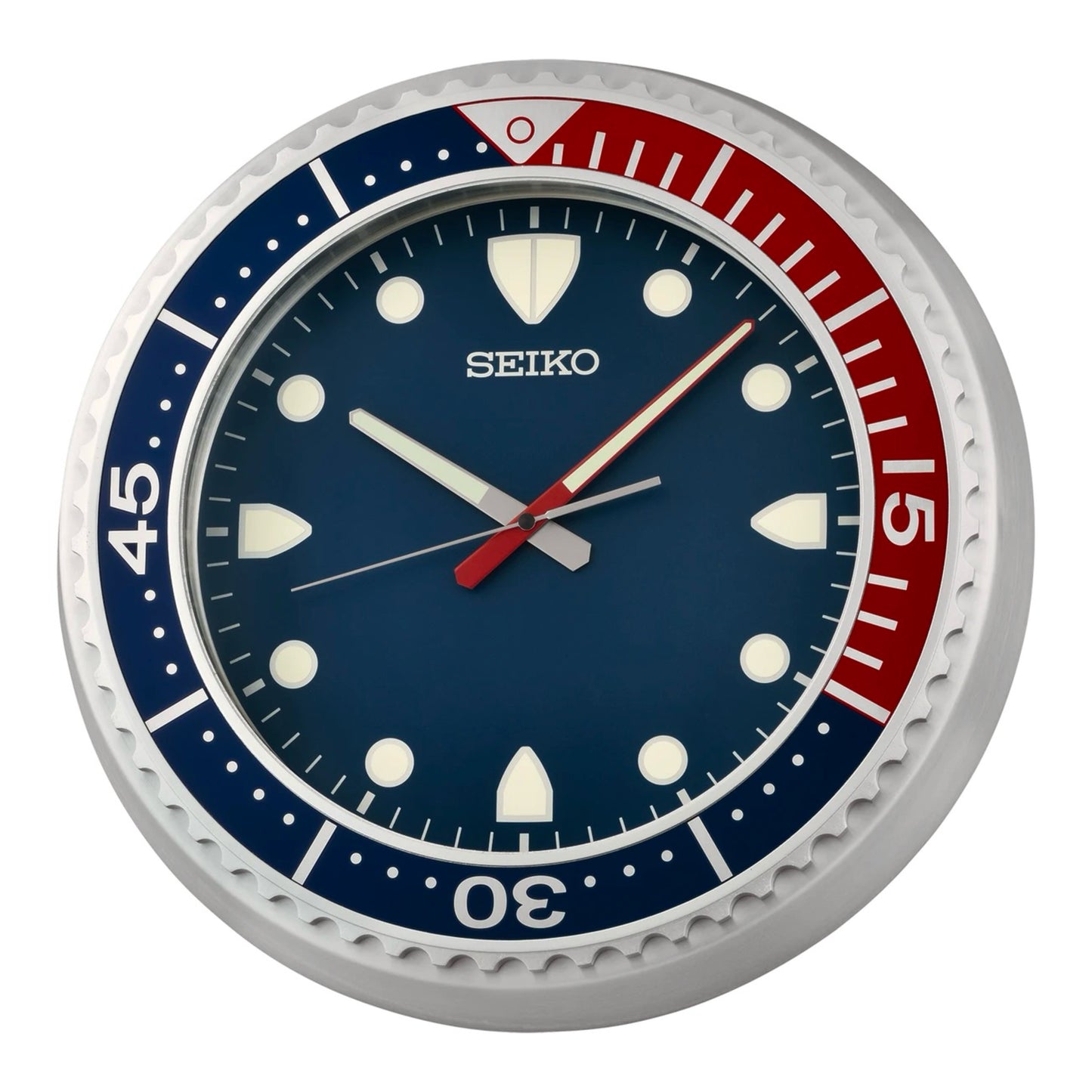 Seiko QXA849SLH "Big Time Watch Dial" Blue & Red Heritage Design Large Luminous Metal Wall Clock with Silent Sweep Second Hand
