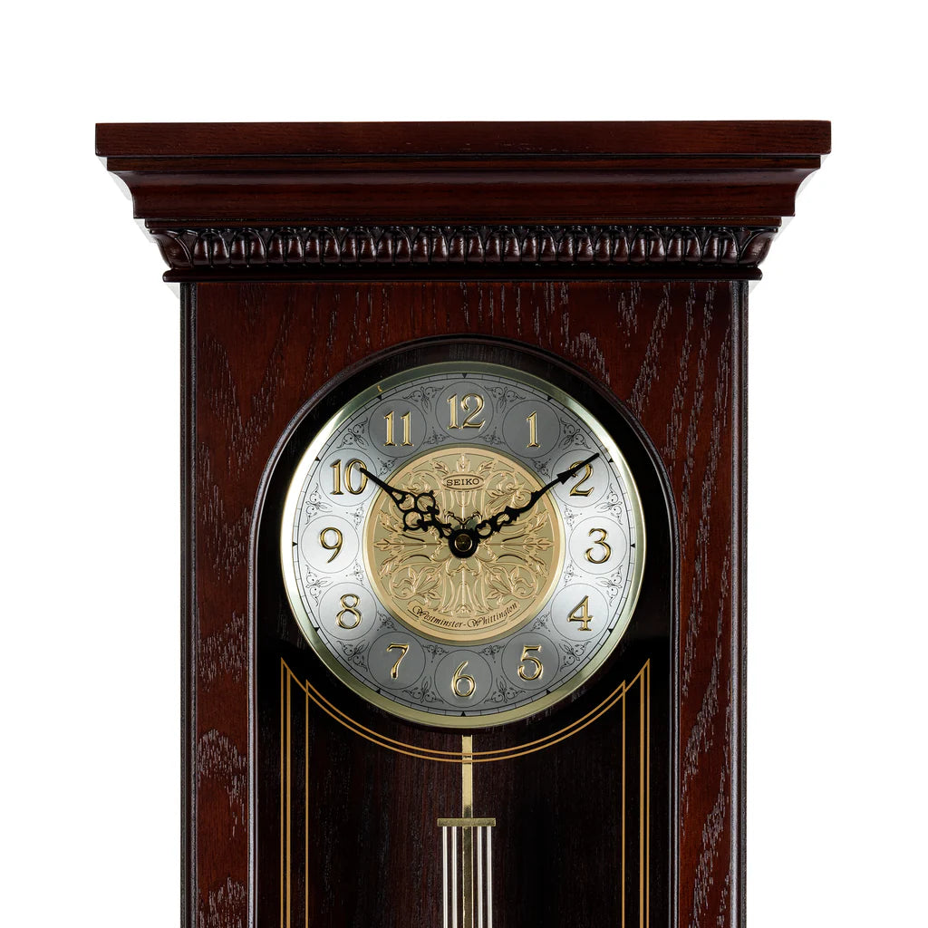 Seiko QXH008BLH "Reverent Mahogany" Traditional Wooden Chiming Pendulum Wall Clock with Embossed Steel Dial