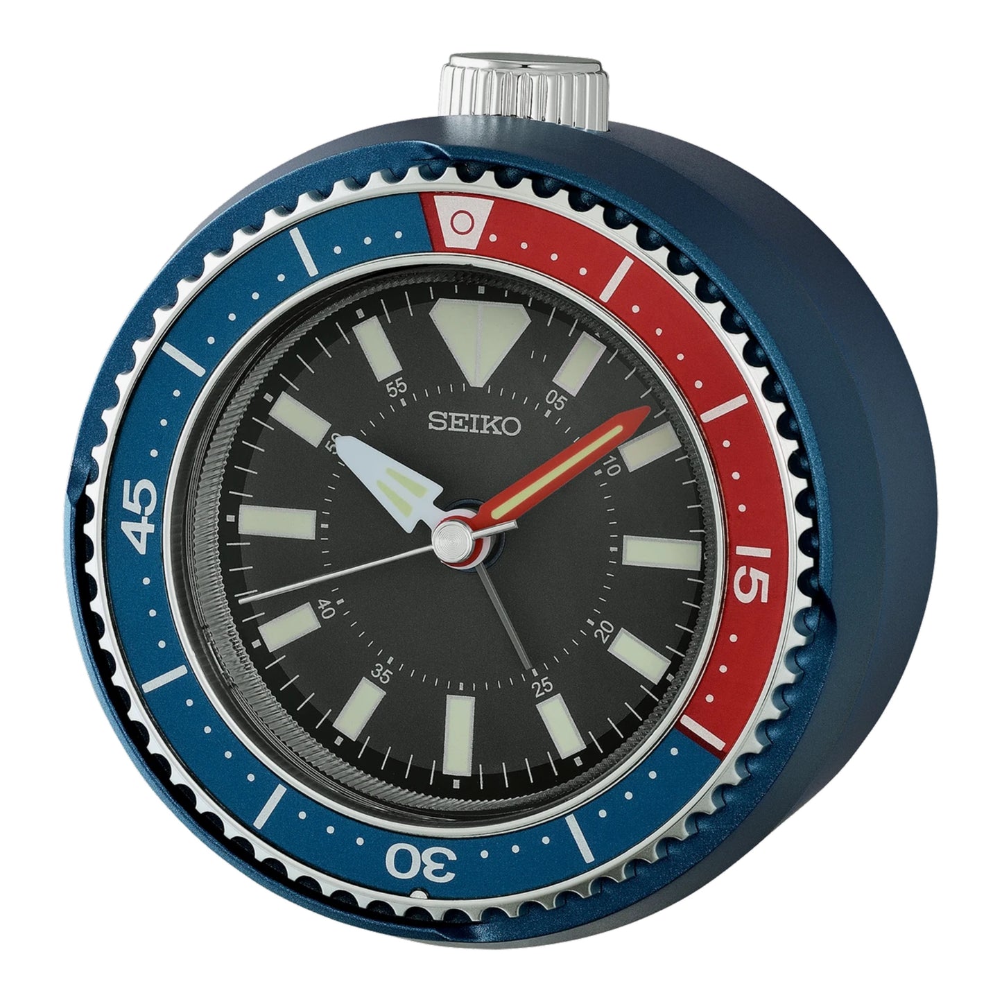 Seiko QHE207LLH "Mai Modern Watch Dial" Red & Blue Heritage Design Luminous Desk & Alarm Clock with Rotating Bezel