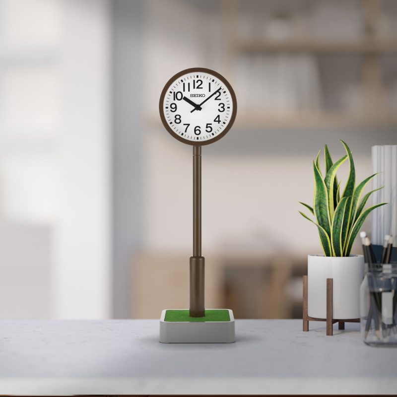 Seiko QXG154BLH "Metro Park" Modern Desk & Table Clock with Metal Pole & Artificial Grass Base