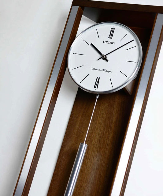 Seiko QXH068BLH "Modern & Sophisticated" Mid-Century Modern Wooden Chiming Pendulum Wall Clock