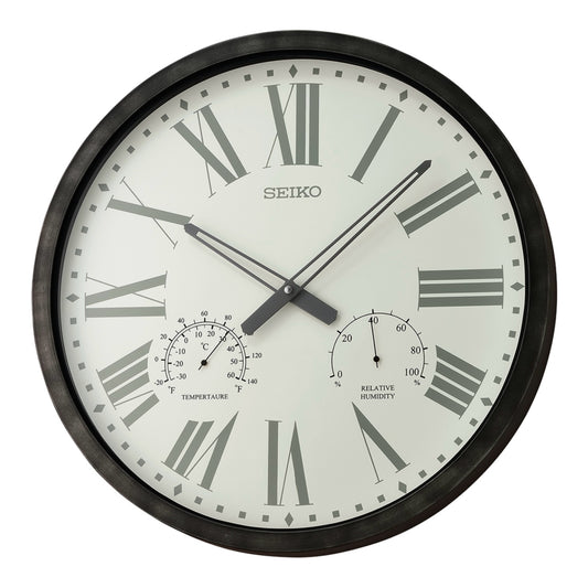 Seiko QXA797KLH "Ondo" Large Splash-Resistant Indoor & Outdoor Gallery Wall Clock with Thermometer & Hygrometer