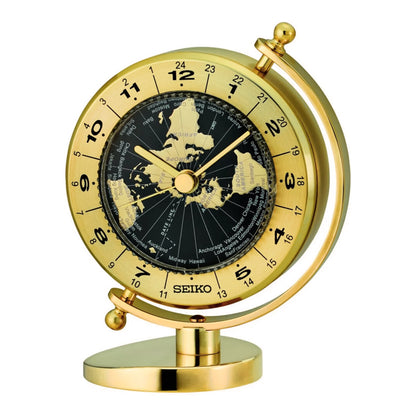 Seiko QHG106GLH "Golden Globe" Desk & Table Clock with World Time Bezel