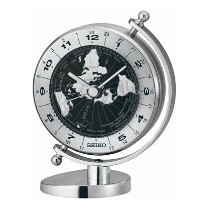 Seiko QHG106SLH "Silver Globe" Desk & Table Clock with World Time Bezel
