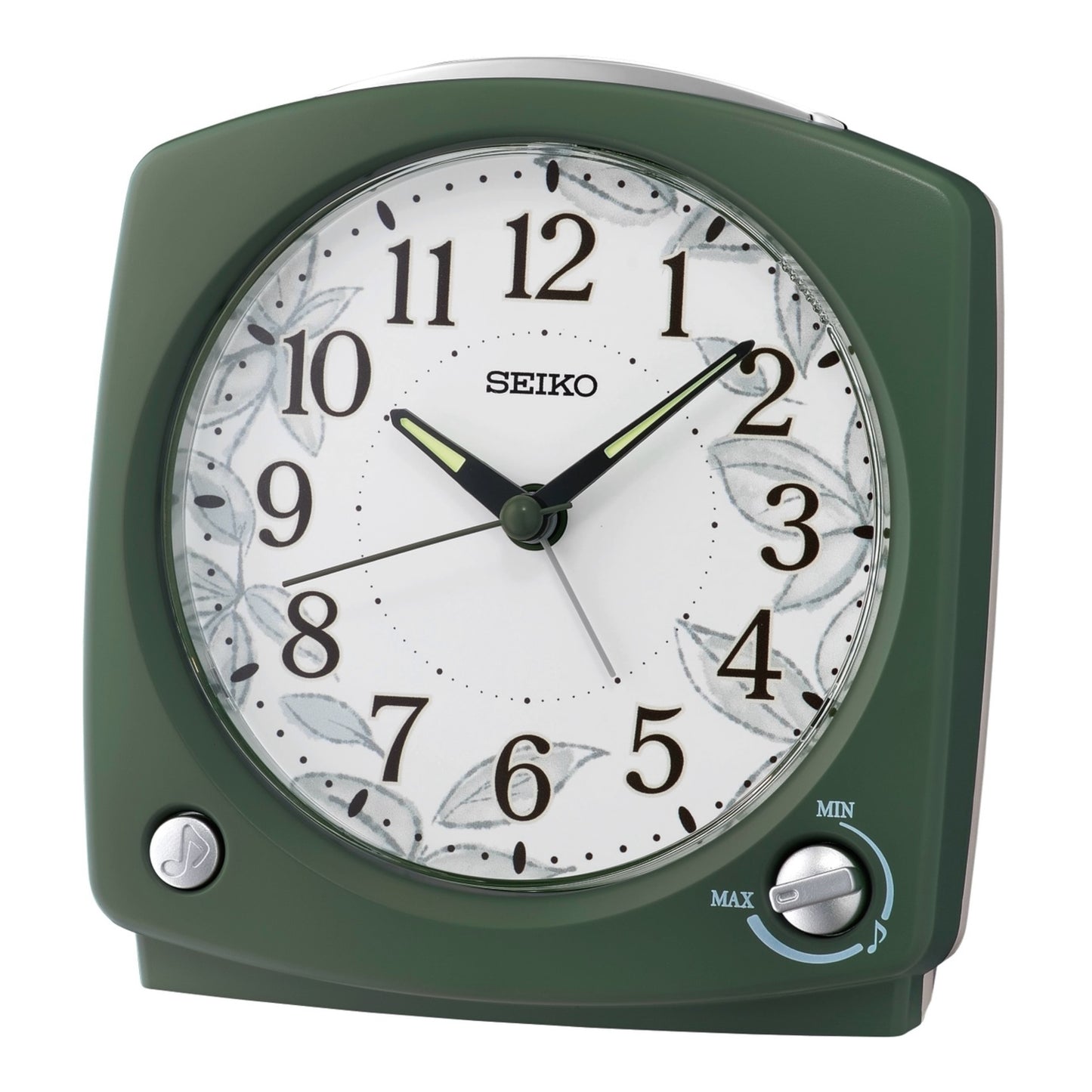 Seiko QHP012MLH "Serene Morning" Green Modern Musical Alarm Clock with Snooze Light & Volume Control