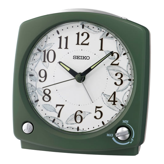 Seiko QHP012MLH "Serene Morning" Green Modern Musical Alarm Clock with Snooze Light & Volume Control