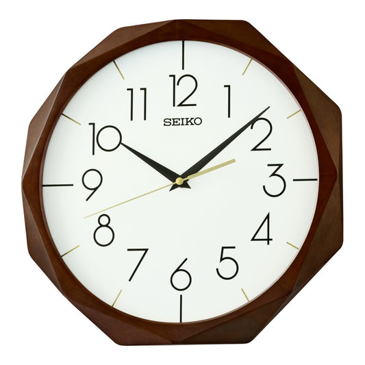 Seiko QXA863BLH "Alder Prism" Diamond-Cut Wooden Modern Wall Clock with Silent Sweep Second Hand