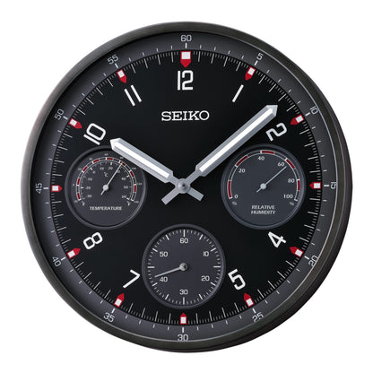 Seiko QXA823KLH "Black Shelby Watch Dial" Luminous Metal Wall Clock with Thermometer, Hygrometer, & Seconds Dial