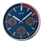 Seiko QXA822SLH "Shelby Watch Dial" Red & Blue Heritage Design Luminous Metal Wall Clock with Thermometer, Hygrometer, & Seconds Dial