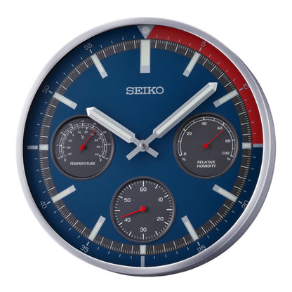 Seiko QXA822SLH "Red & Blue Shelby Watch Dial" Luminous Metal Wall Clock with Thermometer, Hygrometer, & Seconds Dial