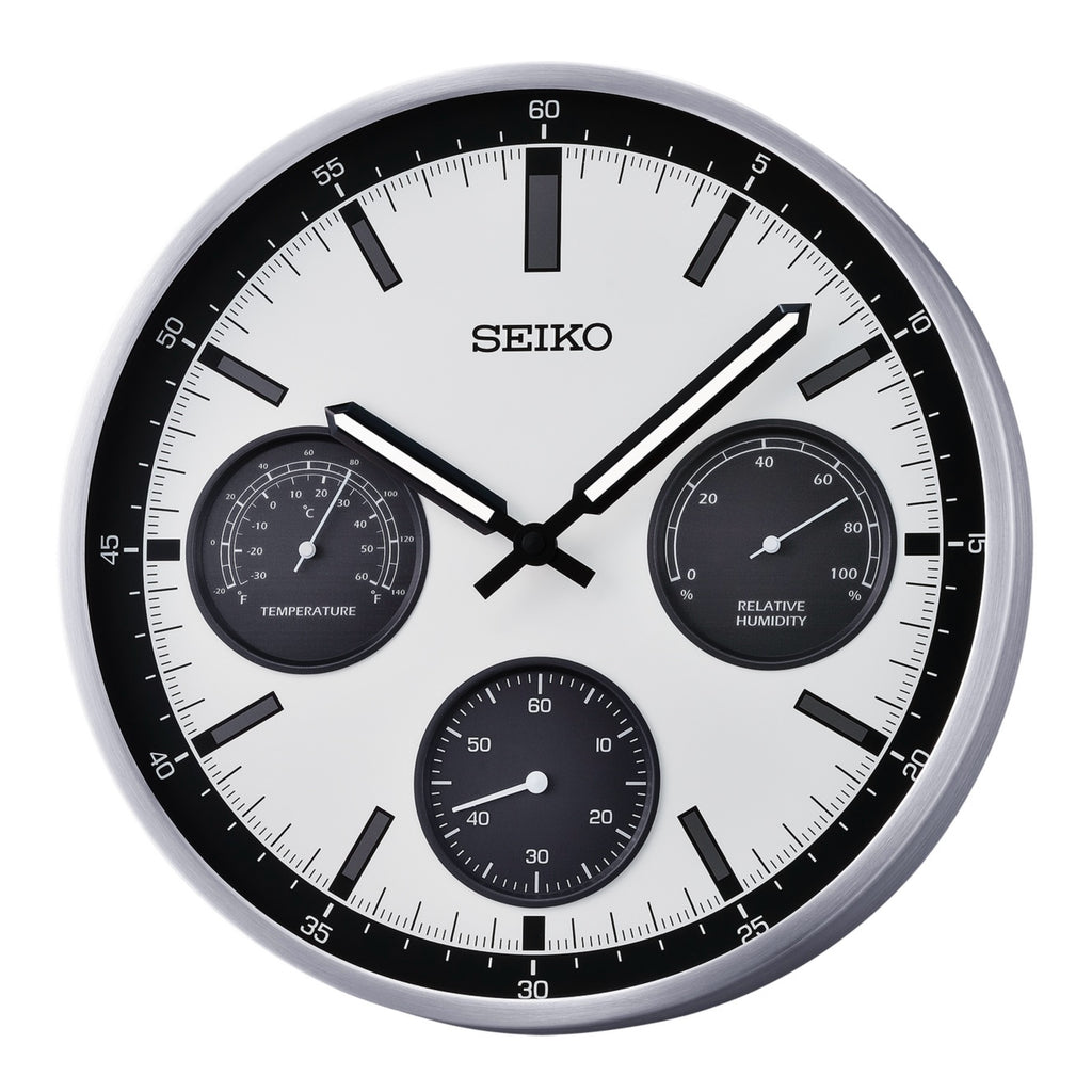 Seiko QXA823SLH "Shelby Watch Dial" Silver Heritage Design Luminous Metal Wall Clock with Thermometer, Hygrometer, & Seconds Dial