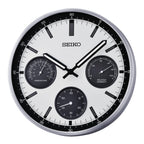 Seiko QXA823SLH "Shelby Watch Dial" Silver Heritage Design Luminous Metal Wall Clock with Thermometer, Hygrometer, & Seconds Dial