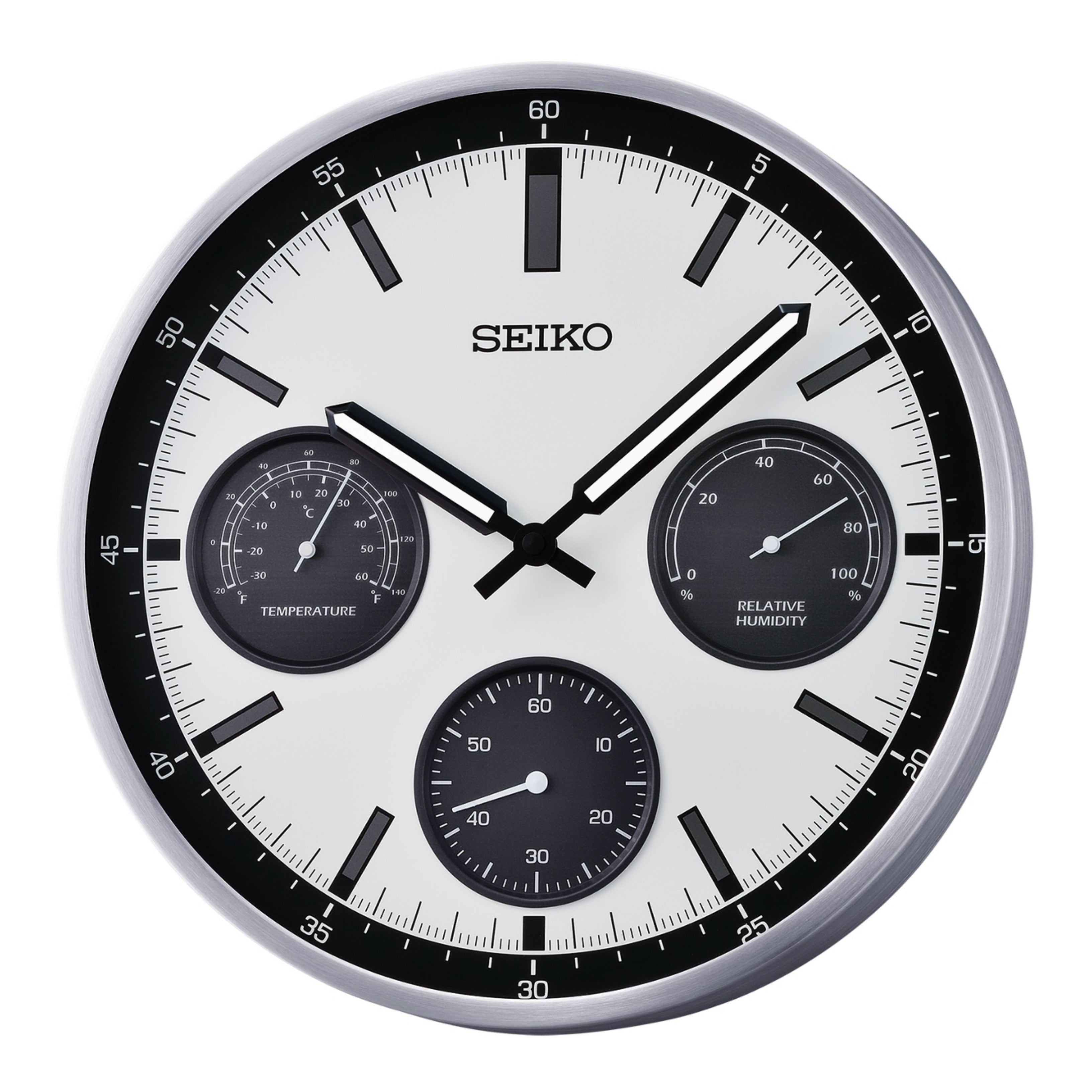 Seiko QXA823SLH "Shelby Watch Dial" Silver Heritage Design Luminous Metal Wall Clock with Thermometer, Hygrometer, & Seconds Dial