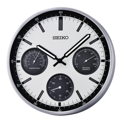 Seiko QXA823SLH "Silver Shelby Watch Dial" Luminous Metal Wall Clock with Thermometer, Hygrometer, & Seconds Dial