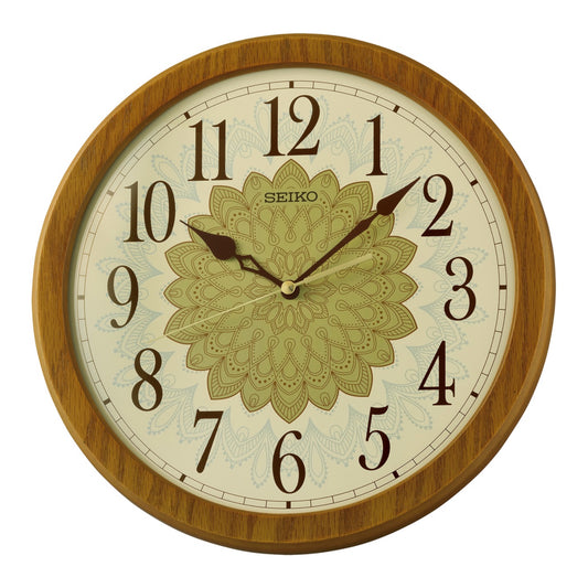 Seiko QXA857BLH "Light Brown Mehndi" Decorative Wooden Wall Clock with Silent Sweep Second Hand