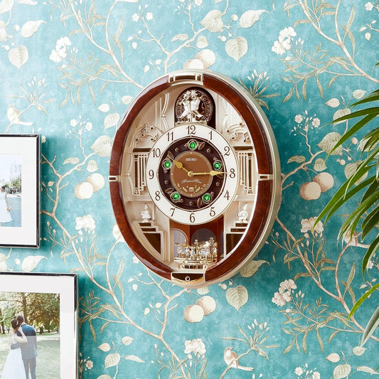 Seiko QXM289BRH "Golden Trumpets" Melodies in Motion Musical Wall Clock with Moving Figurines & 13 Songs