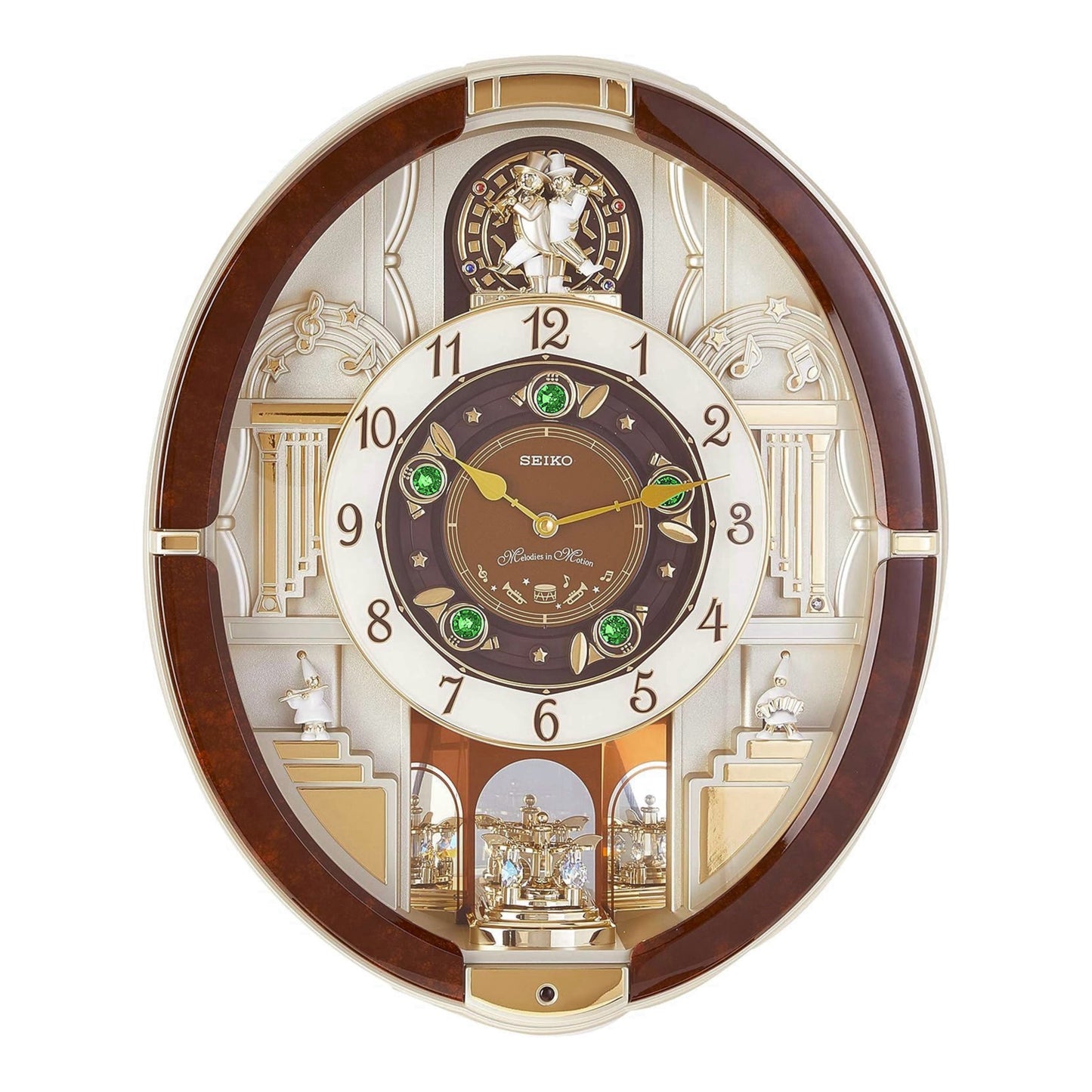 Seiko QXM289BRH "Golden Trumpets" Melodies in Motion Musical Wall Clock with Moving Figurines & 13 Songs