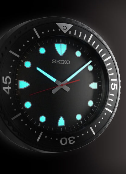 Seiko QXA849KLH "Big Time Watch Dial" Black Heritage Design Large Luminous Metal Wall Clock with Silent Sweep Second Hand