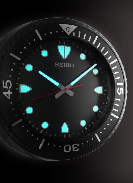 Seiko QXA849KLH "Big Time Watch Dial" Black Heritage Design Large Luminous Metal Wall Clock with Silent Sweep Second Hand