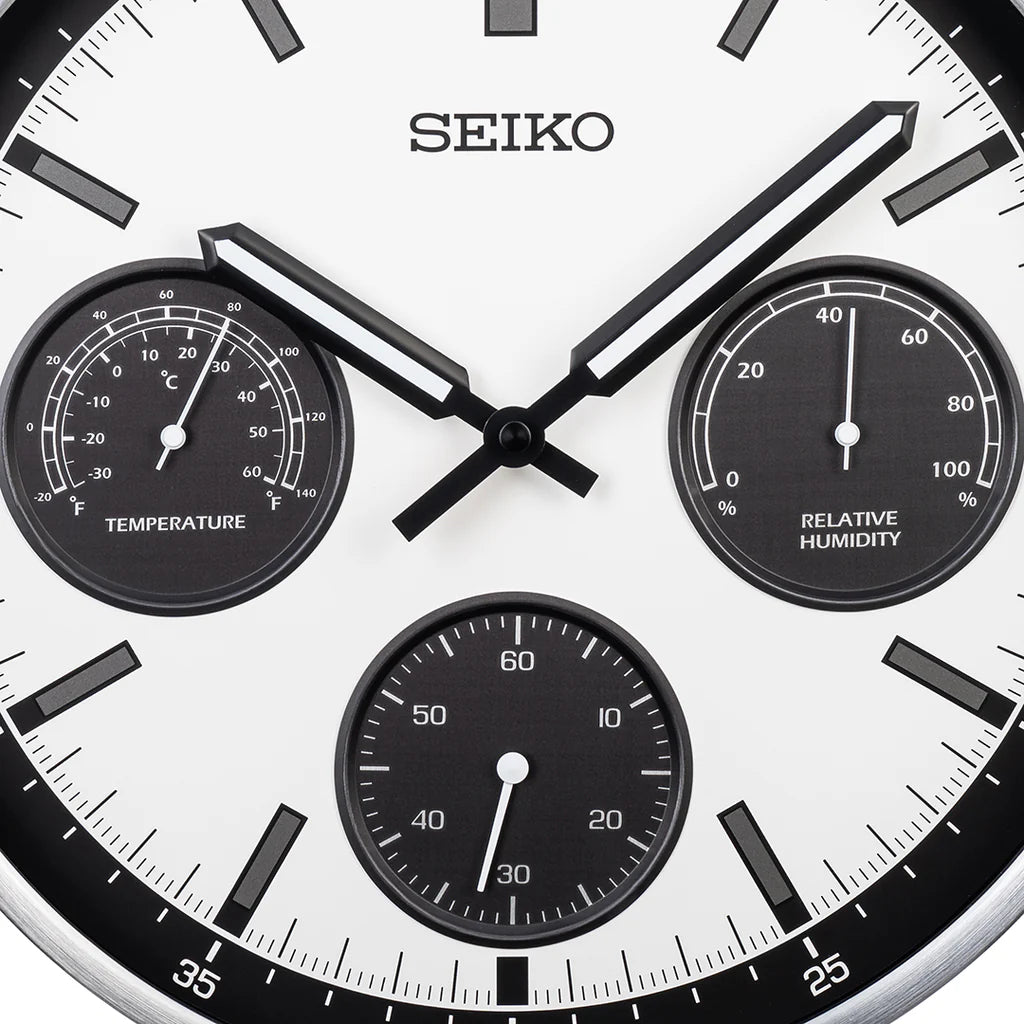 Seiko QXA823SLH "Silver Shelby Watch Dial" Luminous Metal Wall Clock with Thermometer, Hygrometer, & Seconds Dial