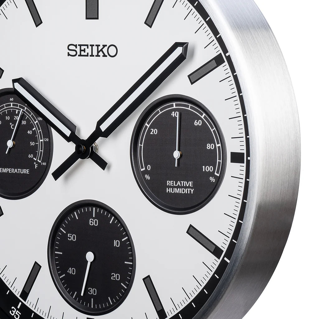 Seiko QXA823SLH "Shelby Watch Dial" Silver Heritage Design Luminous Metal Wall Clock with Thermometer, Hygrometer, & Seconds Dial