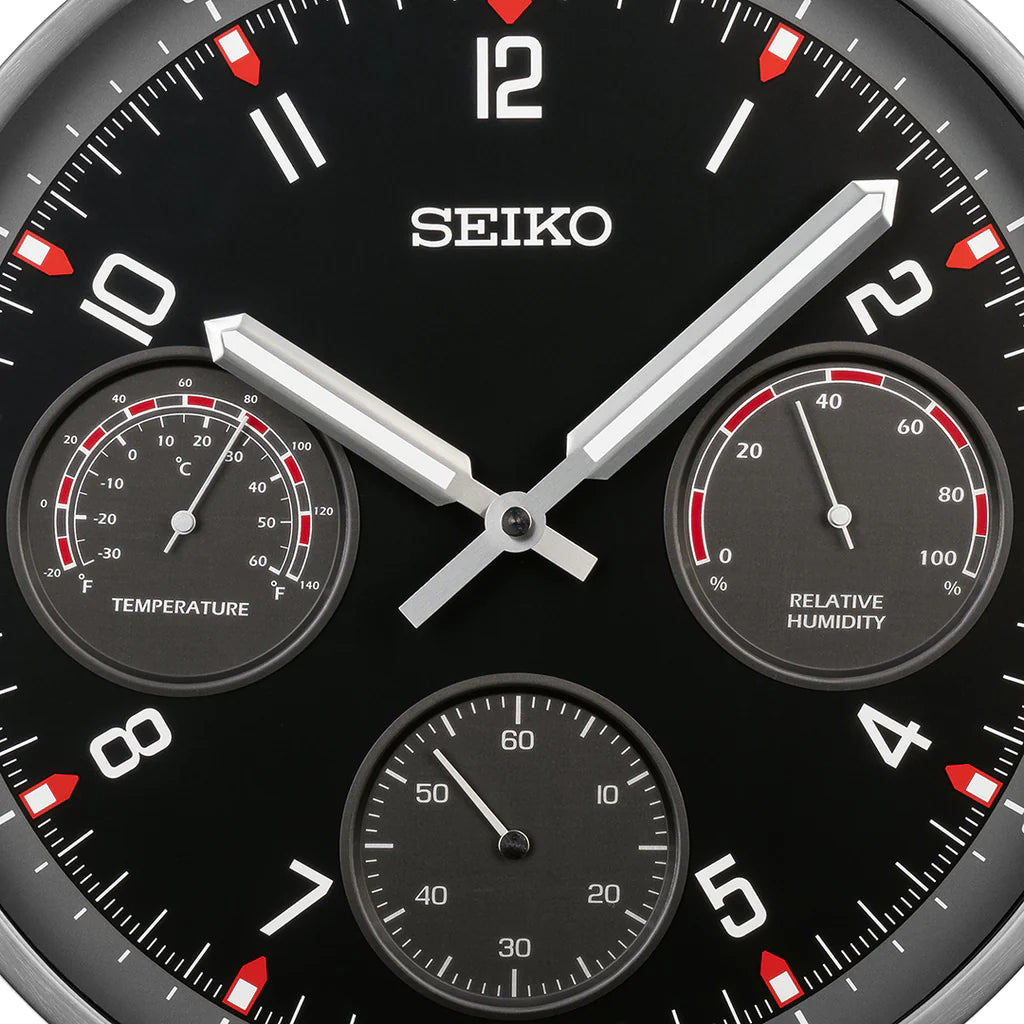 Seiko QXA823KLH "Shelby Watch Dial" Black Heritage Design Luminous Metal Wall Clock with Thermometer, Hygrometer, & Seconds Dial