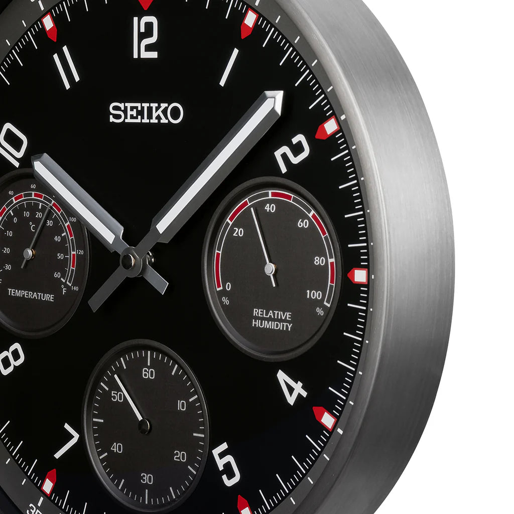 Seiko QXA823KLH "Shelby Watch Dial" Black Heritage Design Luminous Metal Wall Clock with Thermometer, Hygrometer, & Seconds Dial