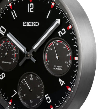 Seiko QXA823KLH "Black Shelby Watch Dial" Luminous Metal Wall Clock with Thermometer, Hygrometer, & Seconds Dial