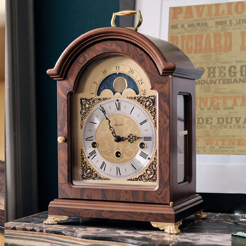 Hermle "Aimee" 8-Day Keywound Traditional Bracket-Style Wooden Mantel Clock with Moon Phase Dial - 23054-030340