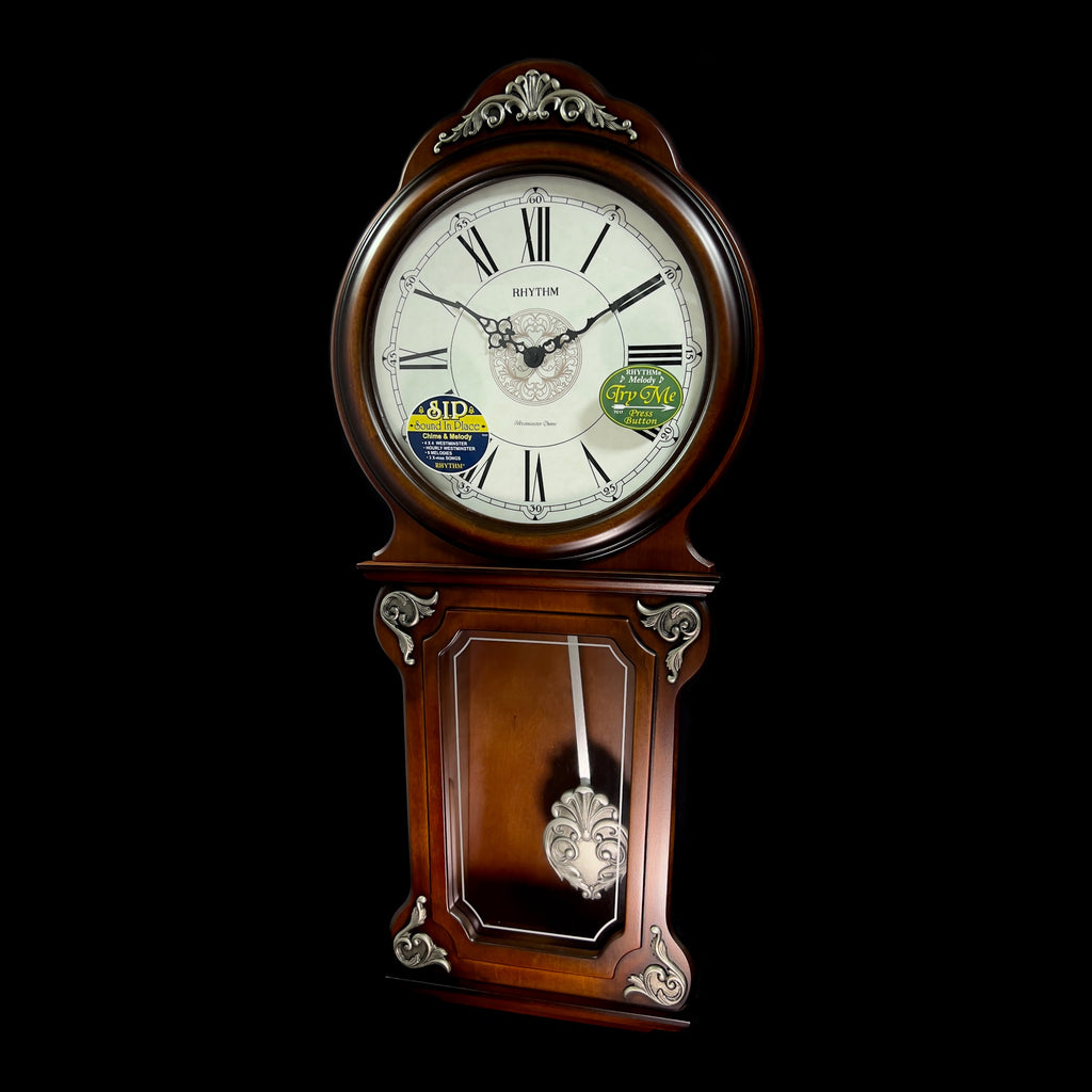 Rhythm “WSM Lauren” Antique-Style Wooden Musical & Chiming Pendulum Wall Clock with Intricate Carved Frame - CMJ380CR06
