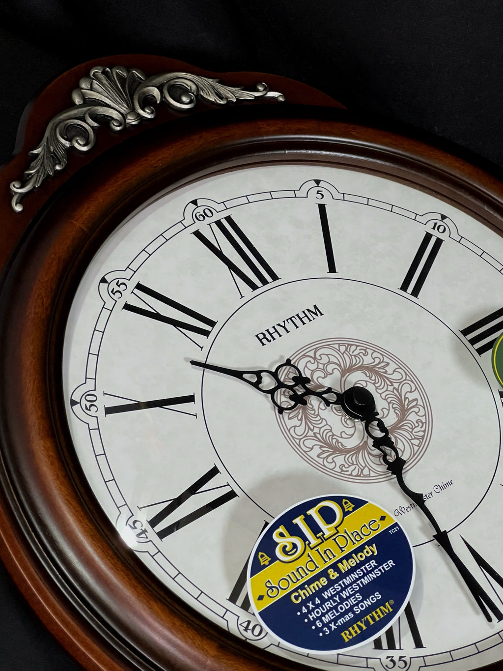 Rhythm “WSM Lauren” Antique-Style Wooden Musical & Chiming Pendulum Wall Clock with Intricate Carved Frame - CMJ380CR06