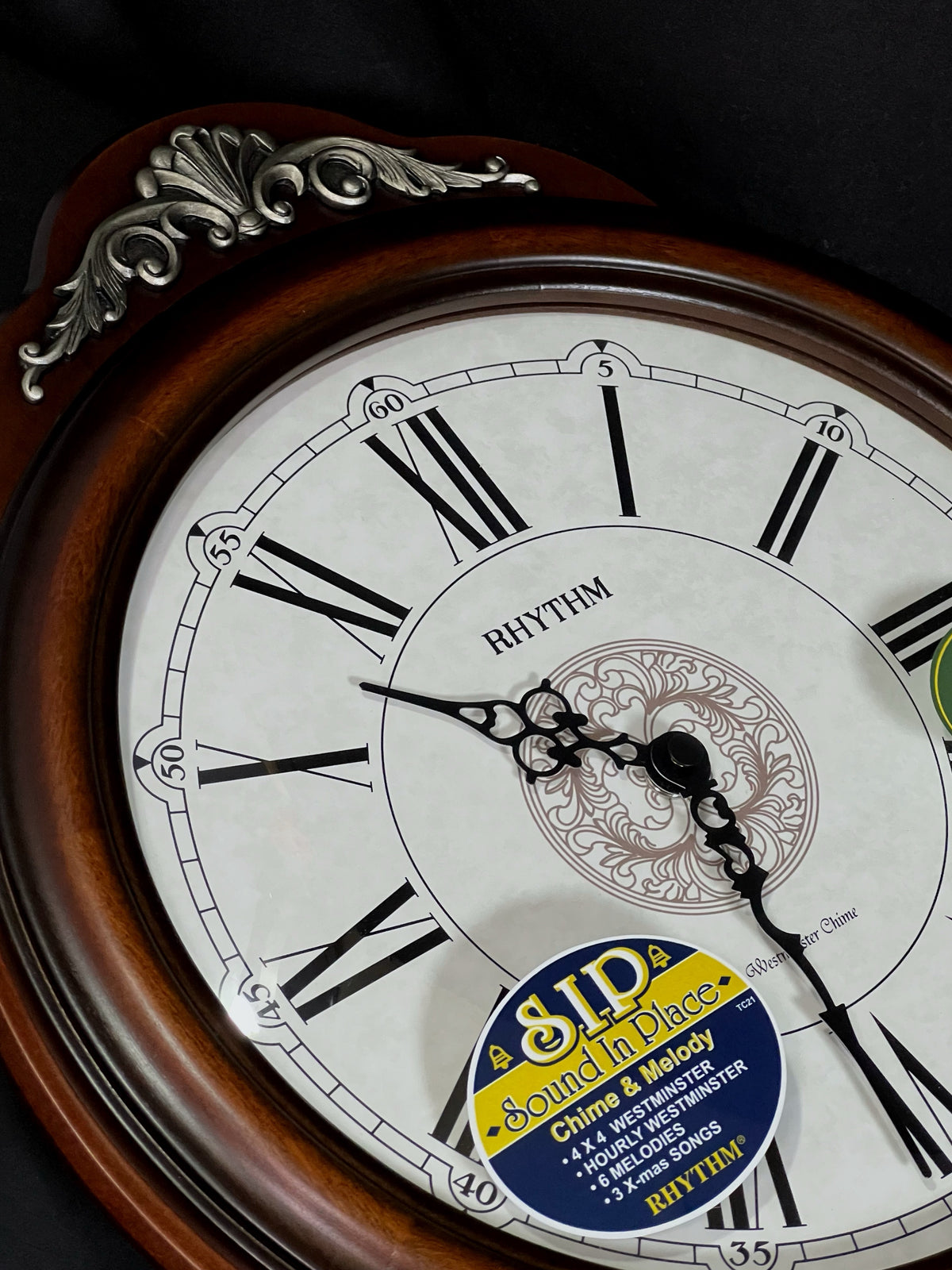 Rhythm “WSM Lauren” Antique-Style Wooden Musical & Chiming Pendulum Wall Clock with Intricate Carved Frame - CMJ380CR06