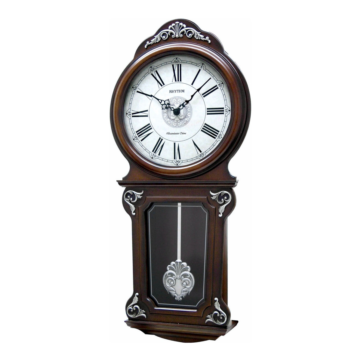 Rhythm “WSM Lauren” Antique-Style Wooden Musical & Chiming Pendulum Wall Clock with Intricate Carved Frame - CMJ380CR06
