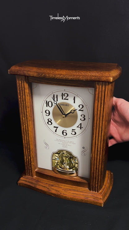 Seiko QXW114BLH "Broadway Oak" Wooden Musical Motion Decorative Pendulum Mantel Clock with Popular Melodies