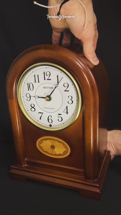 Rhythm “Celebration Time 108” Traditional Wooden Inlaid Musical & Chiming Mantel Clock - CRH108UR06