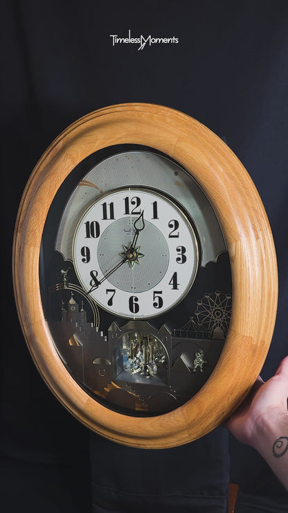 Rhythm "DWS Timecracker Oak" Moving Dial Magic Motion Musical Wooden Wall Clock with Popular Melodies - 4MH777-R07