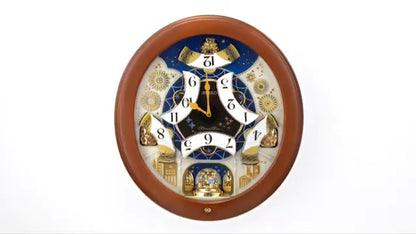 Seiko QXM376BRH “Bright Starry Night” Melodies in Motion Dancing Dial Musical Wooden Wall Clock