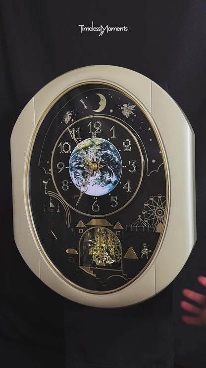 Rhythm “Peaceful Cosmos Entertainer” Moving Earth Dial Magic Motion Musical Wall Clock with Popular Melodies - 4MH839WB19
