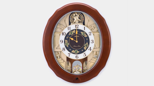 Seiko QXM604BRH "Emerald Pageant" Melodies in Motion Musical Wooden Wall Clock with Moving Figurines