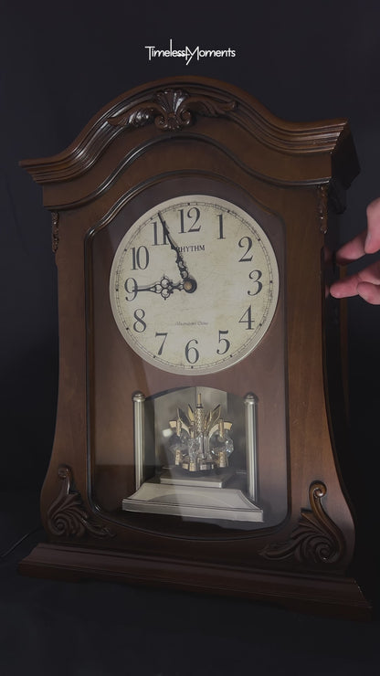 Rhythm "WSM Luminous Queen Mantel" Traditional Large Wooden Chiming & Musical Pendulum Mantel Clock with LED-Lighted Dial - CRH227UR06