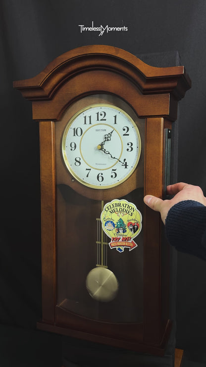 Rhythm “Celebration Time 314” Traditional Wooden Musical & Chiming Pendulum Wall Clock - CMJ314-R06