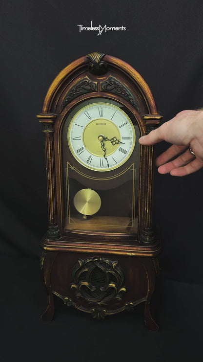 Rhythm "CTS Venetian" Antique-Style Wooden Musical Pendulum Mantel Clock with Intricate Carved Frame - CRJ715UR06